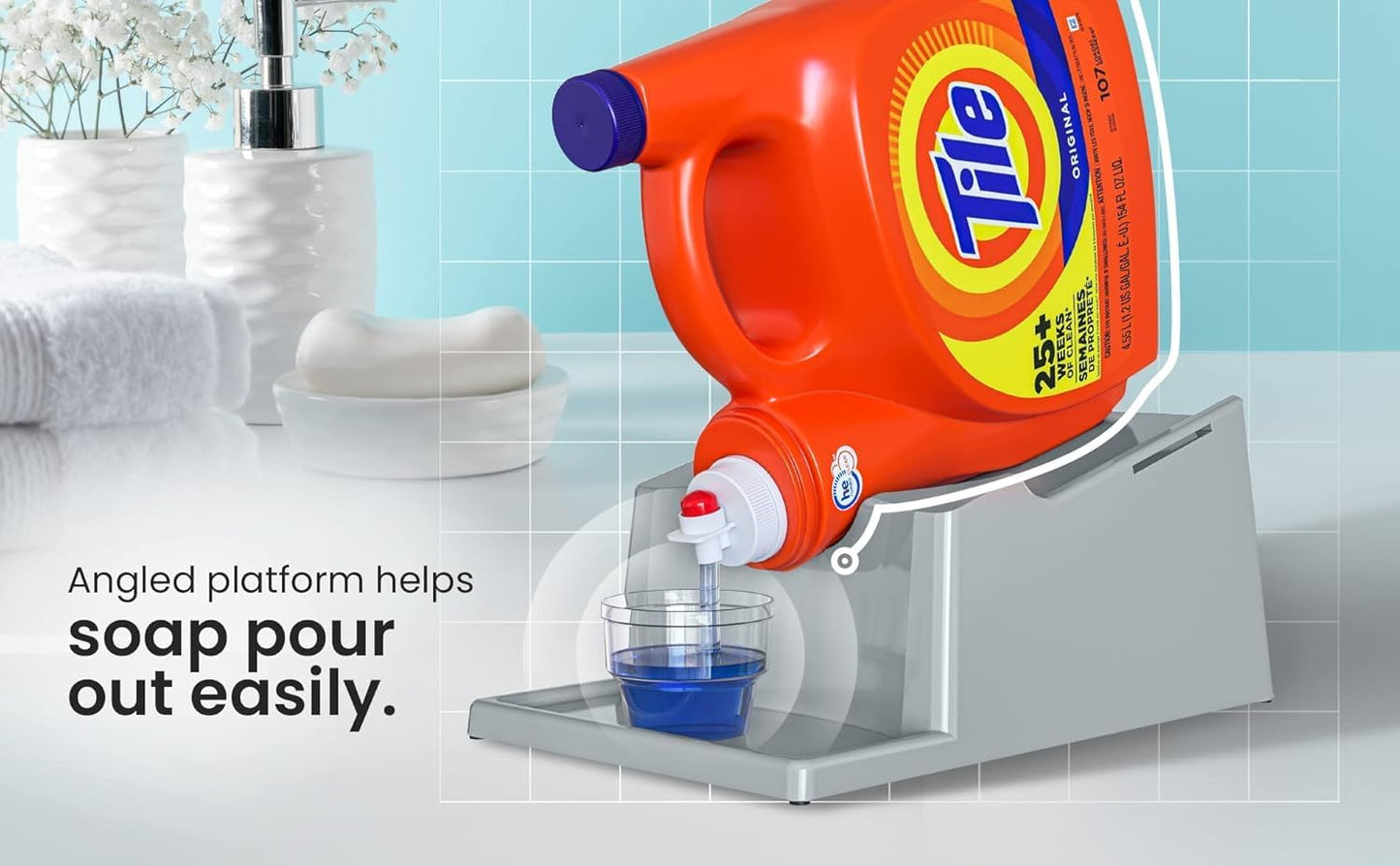 Liquid Laundry Detergent Holder Stand with Drip Tray - 1 Pack - White | Easy Pouring, Rubber Feet, Secure Strap, Angled Stand, Fabric Softener Dispenser for Laundry Room Organization & Storage