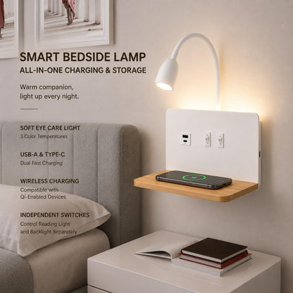 Bedside Wall Sconce with Wireless Charging Station & USB Charging, 3 Adjustable Color Temperatures LED Reading Light, 3000K Warm Ambient lighting Wall Mounted Sconce for Bedroom, Plug-in or Hardwired