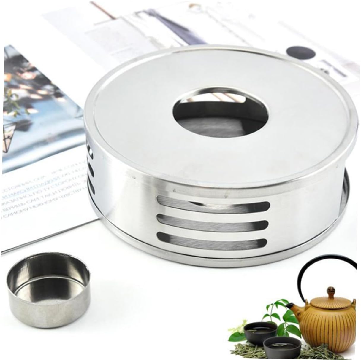 Mikinona Stainless Steel Glass Tea Warmer Base Heating Stand for Teapots Candle Holder for Home Cafe and Office Tea Brewing