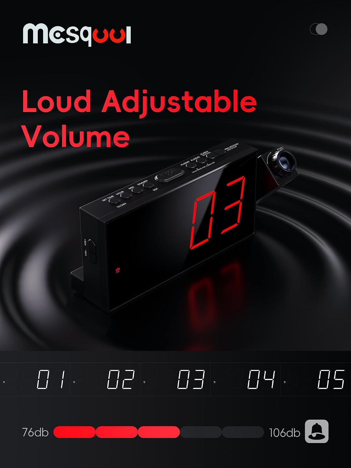 Mesqool Projection Alarm Clock with Bed Shaker, Dual Alarms