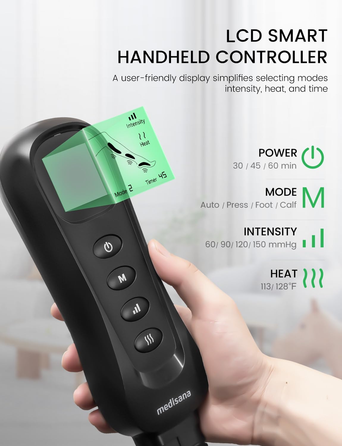 Medisana Leg Compression Massager for Circulation, Leg Massager with Heat | Foot Massager with 4 Modes 4 Pressure Levels 3 Timers, Leg Recovery Compression System for Swelling & Pain Relief