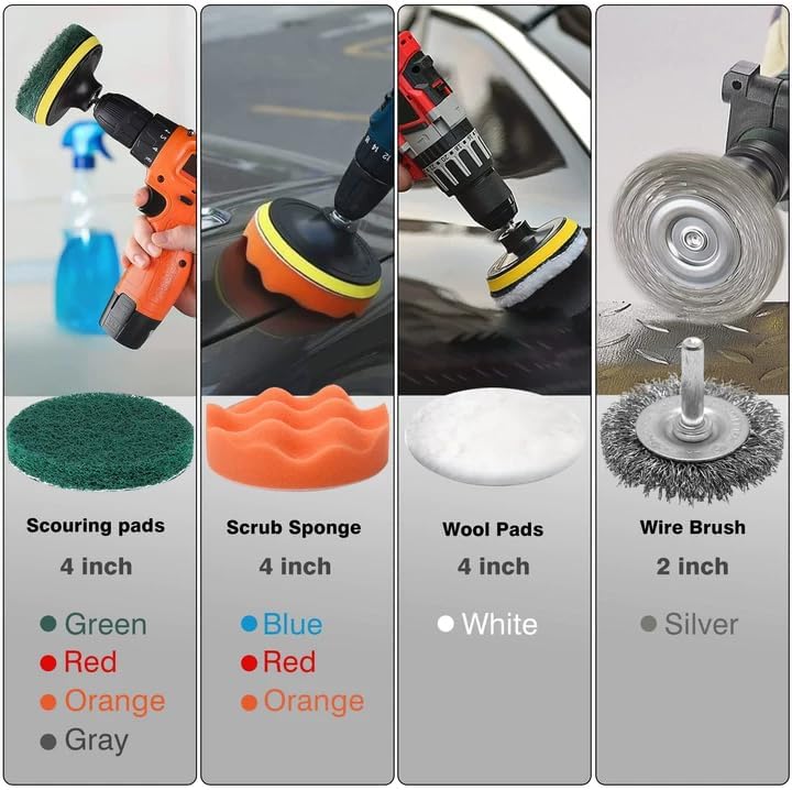 30 Piece Drill Brush Attachments Set, Scrub Pads & Sponge & Wire Brush for Drill, Power Scrubber Brush with Extend Long Attachment, Drill Scrubber Brush Kit for Bathroom, Floor, Car, Grout
