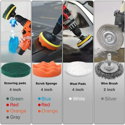 30 Piece Drill Brush Attachments Set, Scrub Pads & Sponge & Wire Brush for Drill, Power Scrubber Brush with Extend Long Attachment, Drill Scrubber Brush Kit for Bathroom, Floor, Car, Grout