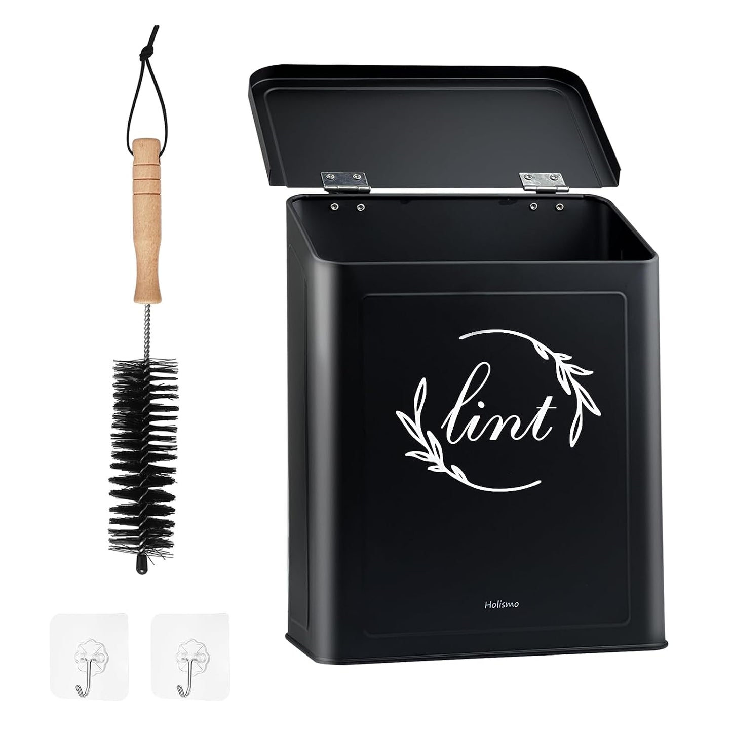 Magnetic Lint Bin for Laundry Room, Metal Lint Trash Can with Lid for Dryer, Wall Mounted Lint Holder Box with Lint Brush, Modern Farmhouse Laundry Room Decor, Cream