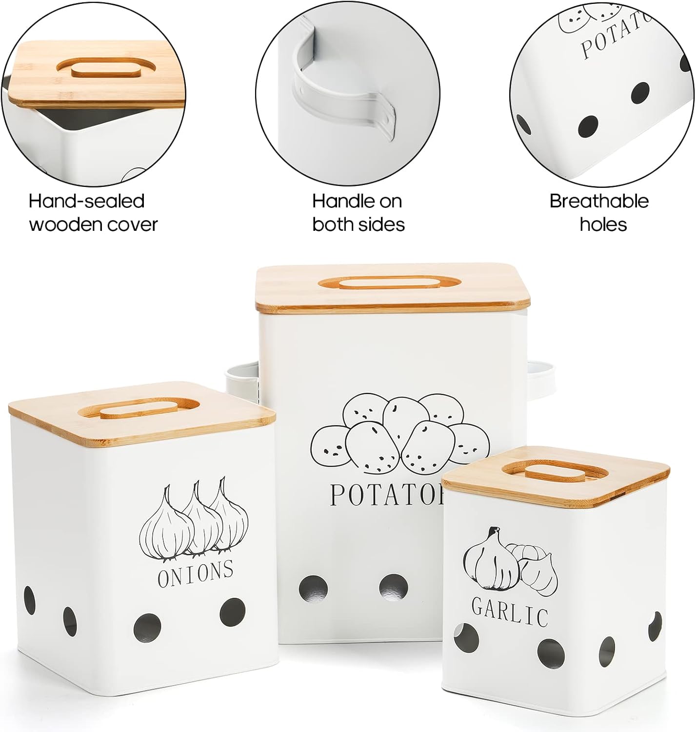 WUWEOT 3 Pack Vegetable Storage Tins, Metal Onion Garlic Potato Jars Set, Kitchen Canisters Vegetable Keeper Containers with Aerating Holes and Wooden Lid