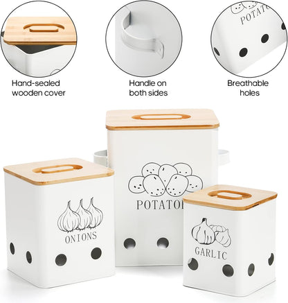 WUWEOT 3 Pack Vegetable Storage Tins, Metal Onion Garlic Potato Jars Set, Kitchen Canisters Vegetable Keeper Containers with Aerating Holes and Wooden Lid