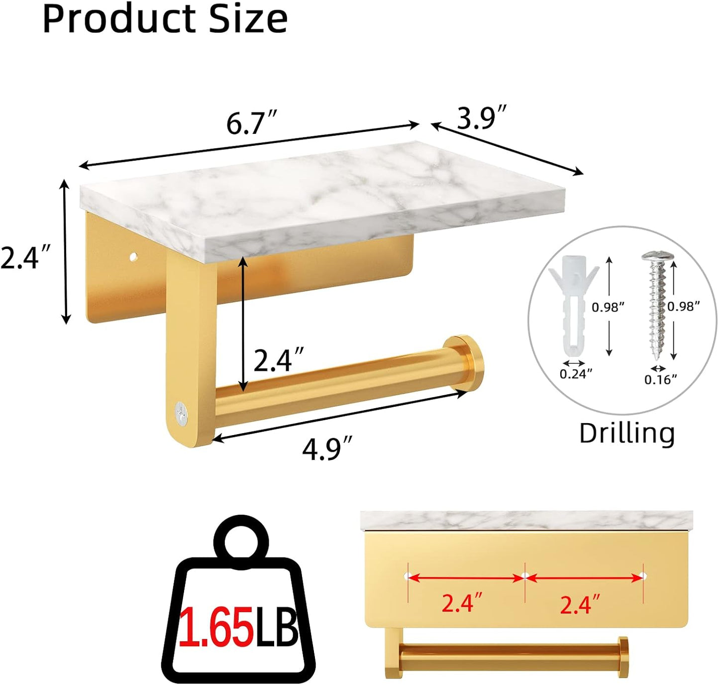 Gypie Marble Toilet Paper Holder with Shelf, Wall Mounted Matte Black | Stainless Steel Tissue Roll Paper Holder Dispenser for Bathroom Washroom