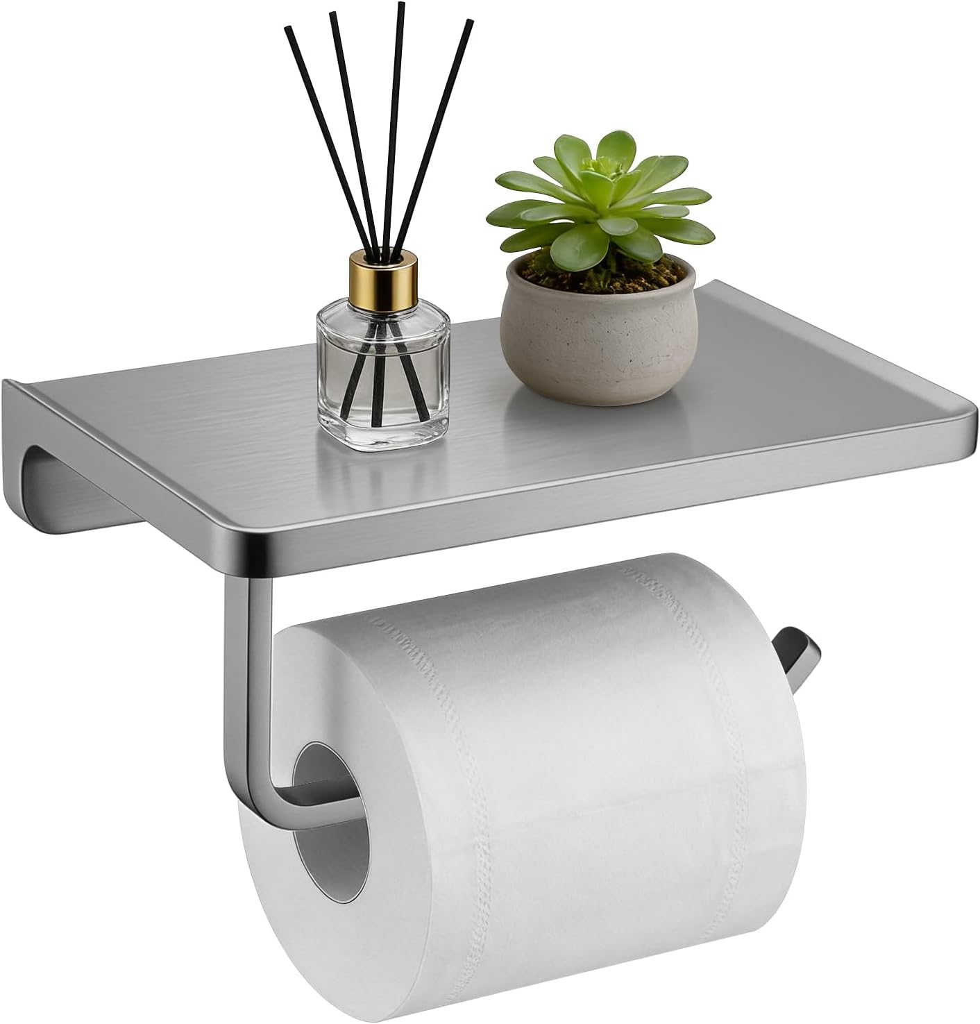 TRUSTMI Toilet Paper Holder with Phone Shelf, Zinc Alloy, Brushed Gold | Solid zinc alloy holder holds 15 lbs and fits jumbo rolls. Shelf stores phones and wipes for easy bathroom organization