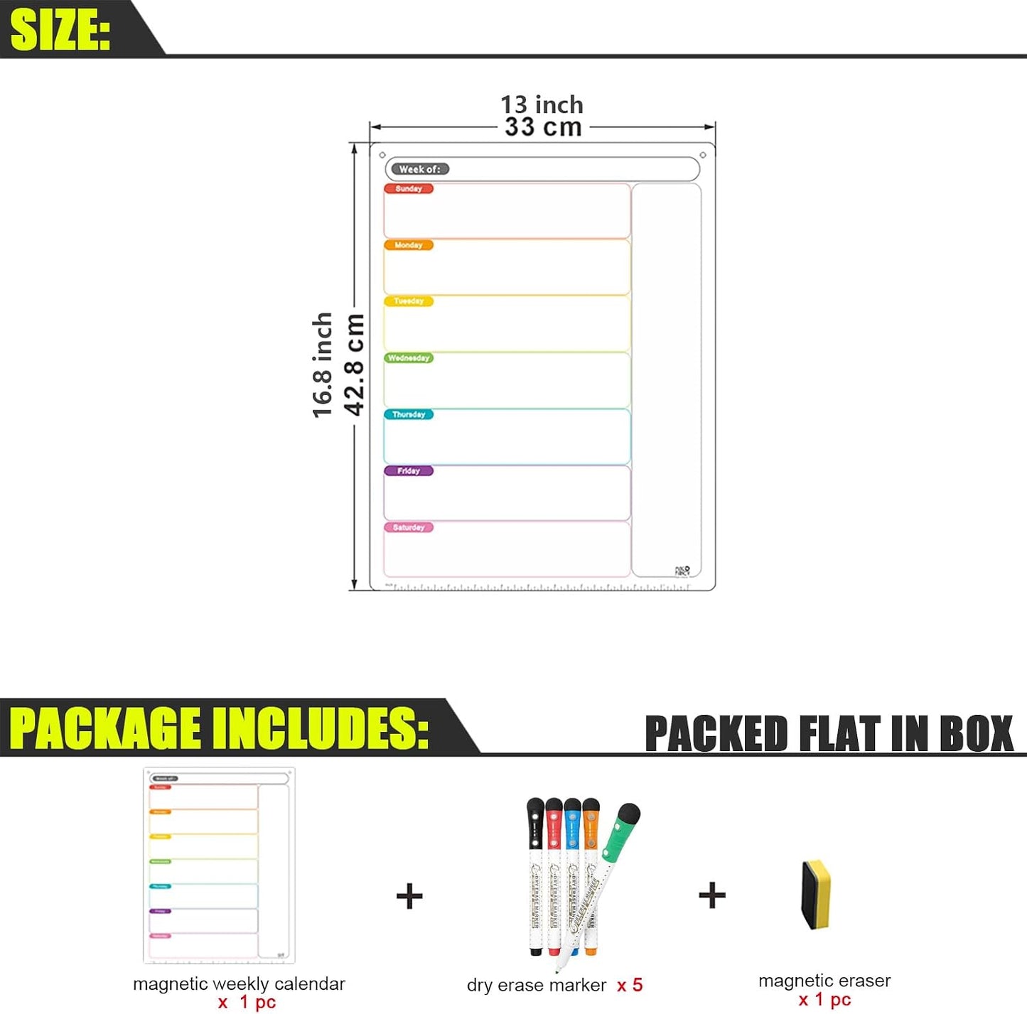 Magnetic Calendar for Fridge, Dry Erase Weekly Planner, 13" x 16.9" | Strong Magnetic Hold, Vertical Weekly Layout, Large Daily Spaces, Easy to Clean, Color-Coded, Dual-Magnet Markers & Eraser
