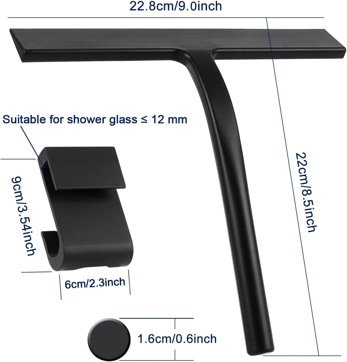 Silicone Shower Squeegee, Black, 9 inch | All-Purpose, For Shower Glass Door Window Mirror Tile Car Walls, 2 Hooks Included, Bathroom Accessories