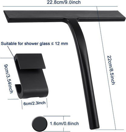Silicone Shower Squeegee, Black, 9 inch | All-Purpose, For Shower Glass Door Window Mirror Tile Car Walls, 2 Hooks Included, Bathroom Accessories