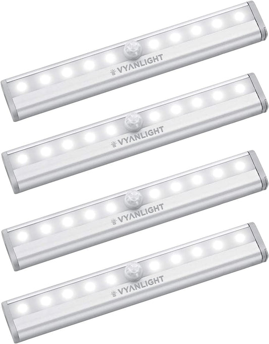 VYANLIGHT Under Cabinet Lighting – Motion Sensor Closet Lights, Battery Operated LED Strip Light Bar, Stick-On Wireless Indoor Lights for Kitchen, Pantry, Hallway, Stairs, 4 Pack