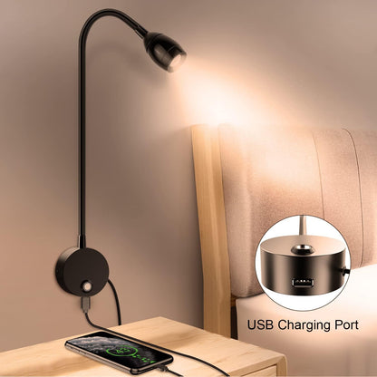 Wall Mounted LED Reading Light with 15" Flexible Gooseneck, Dimmable Book Light for Reading In Bed with USB Charging Port, Plug In Headboard Night Lights, 3 Colors Temperature, Touch Control-2 Pack