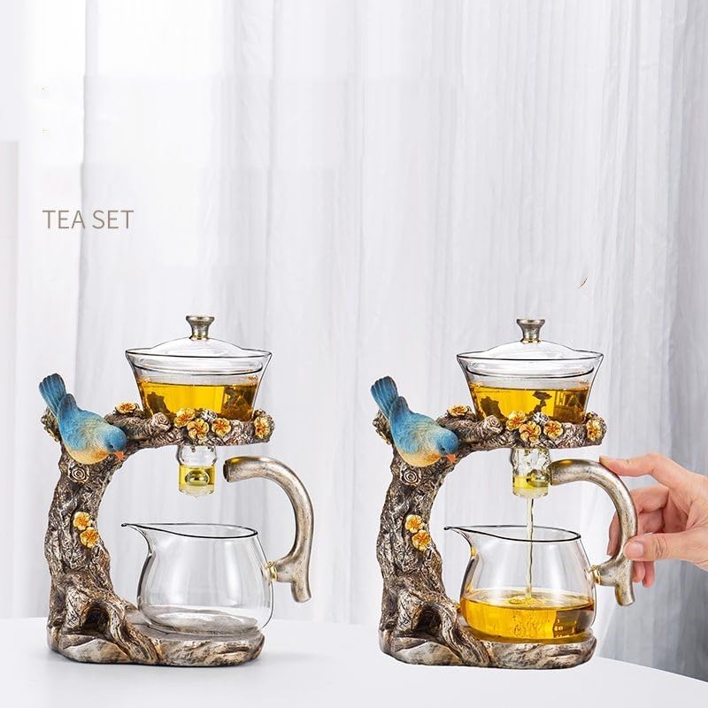 Glass Teapot Set Animal Bird Design Semi-automatic Drip Rotating Bowl with Infuser Lazy Kungfu Tea Pot Set (teapot)