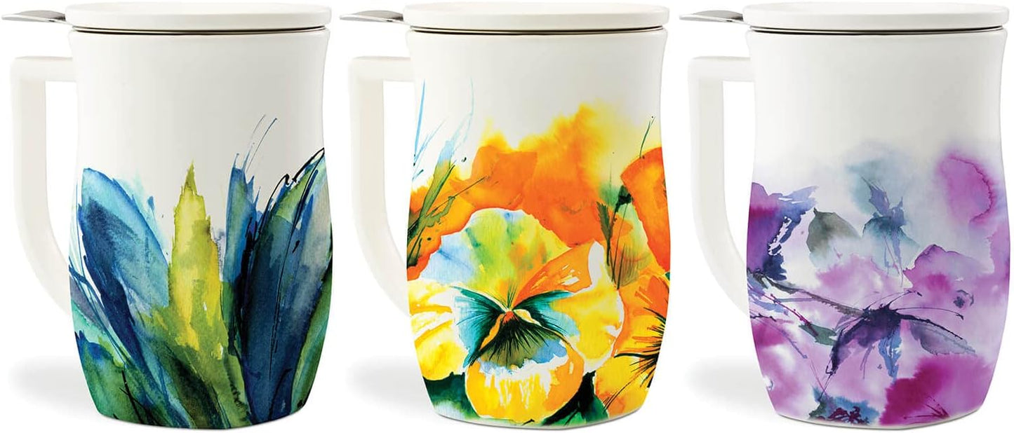 Tea Forte Ceramic Fiore Tea Cup with Infuser, Blue Agave, 14 oz | Insulated Ceramic - Stainless Steel Loose Leaf Infuser - Keeps Tea Hot Longer - Lid Included - Microwave & Dishwasher Safe