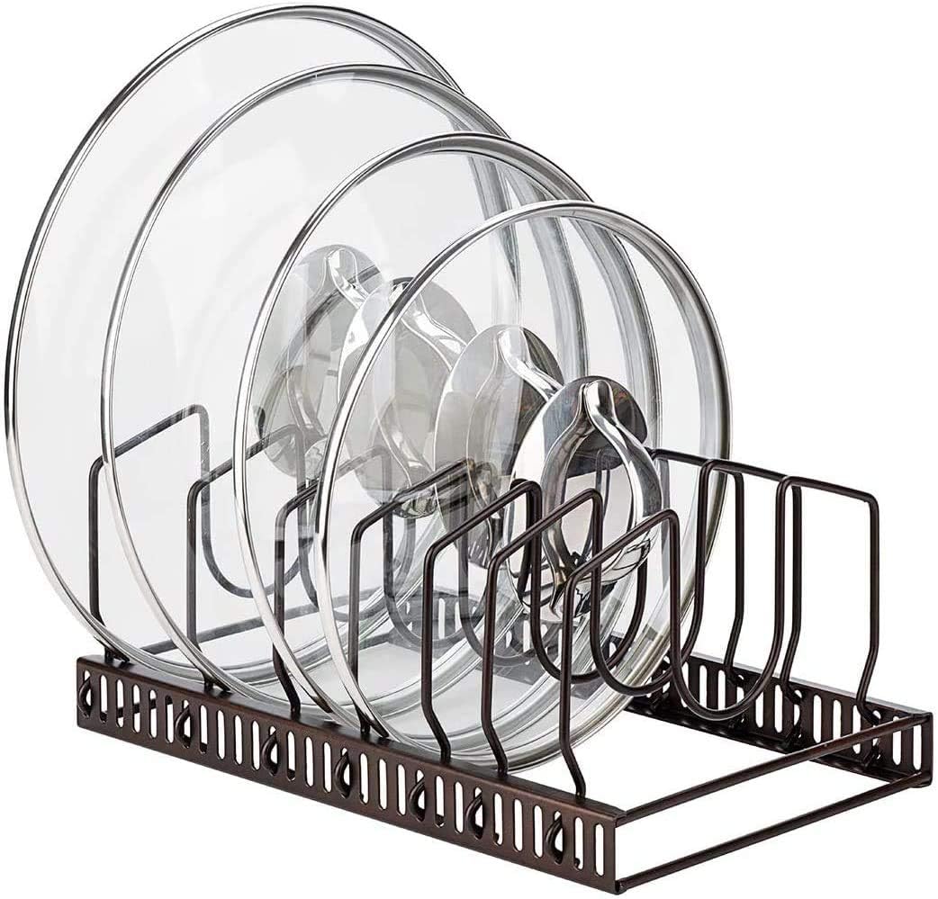 Toplife Pot Lids Organizer Rack for Cabinet and Countertop, 7+ Pan Lids and Bakeware Organizer Rack Holder with 7 Adjustable Compartments - Black