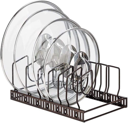 Toplife Pot Lids Organizer Rack for Cabinet and Countertop, 7+ Pan Lids and Bakeware Organizer Rack Holder with 7 Adjustable Compartments - Black