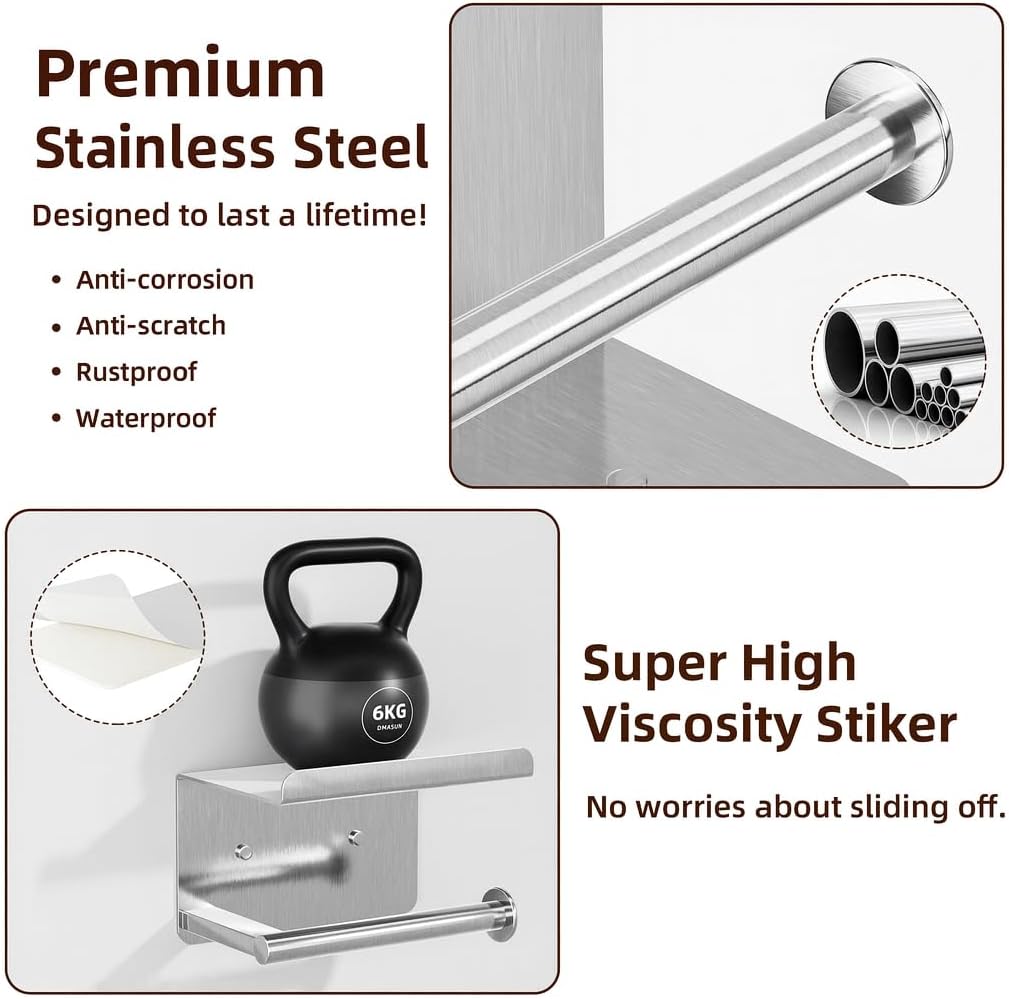 Adhesive Toilet Paper Holder with Shelf, Stainless Steel, Silver | Two Installation Ways:Self Adhesive or Wall Mount, Stick On Toilet Paper Holder, Peel and Stick, Bath Tissue Holder, Bathroom