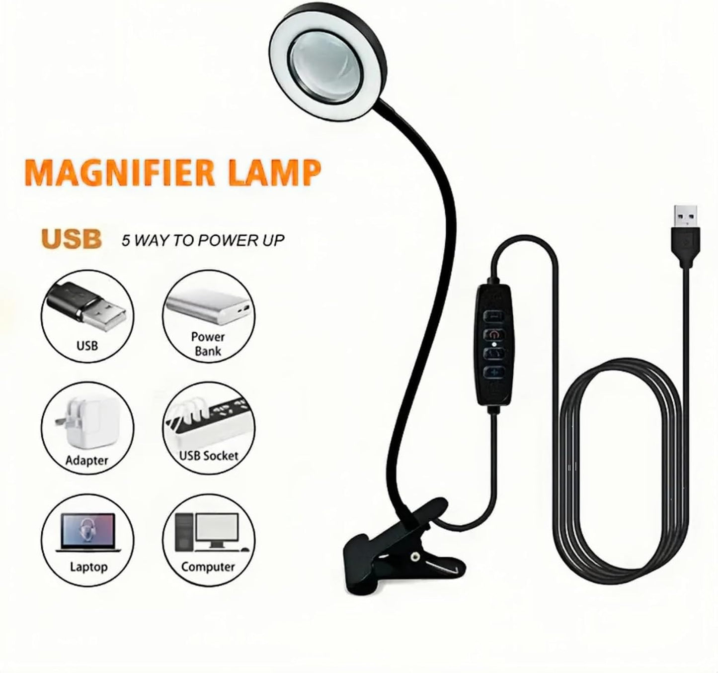 Magnifying Glass with Light Flexible Gooseneck Book Light Craft Lamp 12W 3 Colors Dimmable LED Desk Lamp for Reading Book in Bed at Night Clip on Table, Headboard Working,Studying