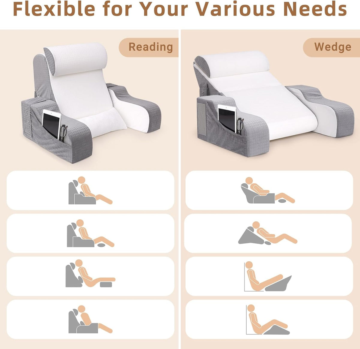 Foldable Reading Pillow for Sitting in Bed Adult, White/Grey, 19"