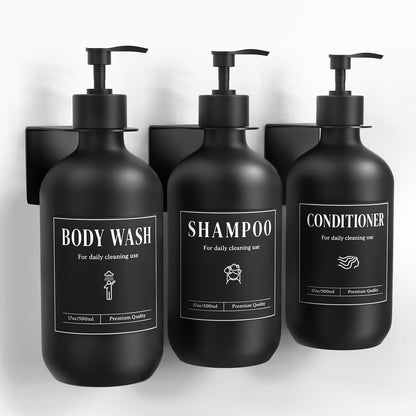 Luxspire 17oz Shampoo and Conditioner Dispenser 3 Sets for Bathroom, Black | Matte PET bottle, no-drill stainless bracket, detachable pump, dual wall/counter install with classification stickers