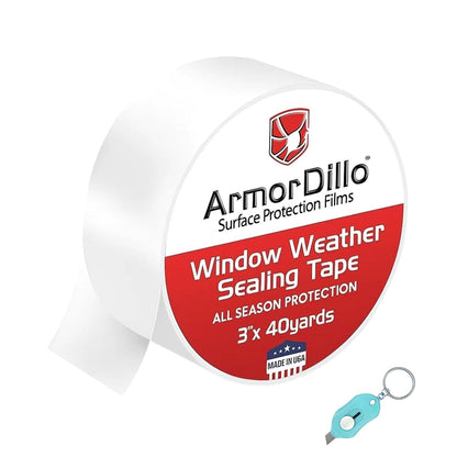 ArmorDillo Transparent Window Weather Sealing Tape, w Free Utility Knife, 2 inch X 120FT (40 YDS) - Clear Weather Stripping Tape, Draft Isolation & Insulation, No Residue, for Windows, Doors, AC & RV