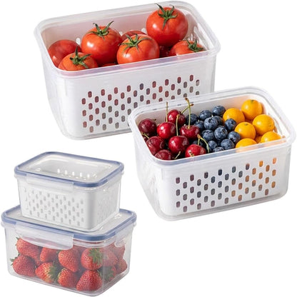 2 Pack Fruit Storage Containers for Fridge with Removable Colanders, Dishwasher & Microwave safe Produce Storage Containers with Lids Keep Fruits, Vegetables, Berry, Meat Fresh longer