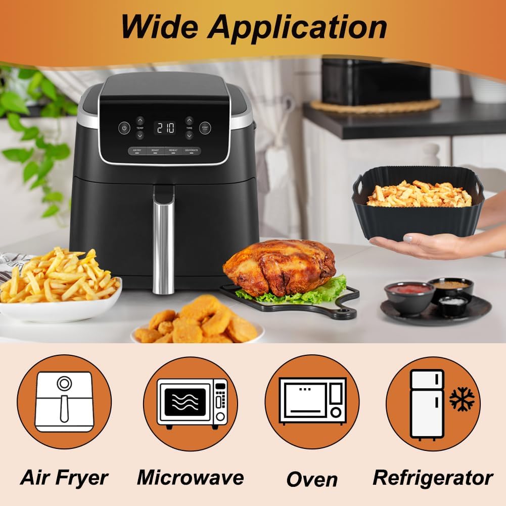 BYKITCHEN 9 Inch Square Silicone Air Fryer Liners for 6 to 8QT, Set of 2, Reusable Silicone Airfryer Tray Insert, Air Fryer Accessories for Corsori 6QT, Ninja Airfryer Pro XL 6.5QT, Gourmia & More