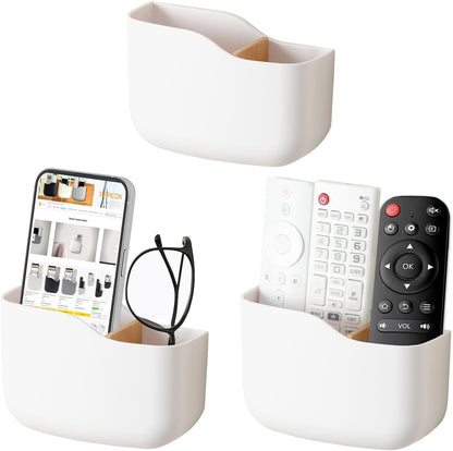 SUNFICON Adhesive Remote Control Holder Wall Mount Media Player Controller Holder Universal TV Remote Organizer Caddy Box Tray Easy Phone Charging Home Office Desk Nightstand White