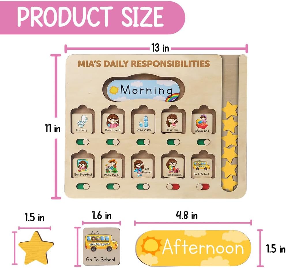 Daily Routine Chart for Kids, Visual Schedule, Routine Chart for Toddlers 3-5, Morning Bedtime Routine Chart for Toddlers, Wooden Chore Chart for Kids