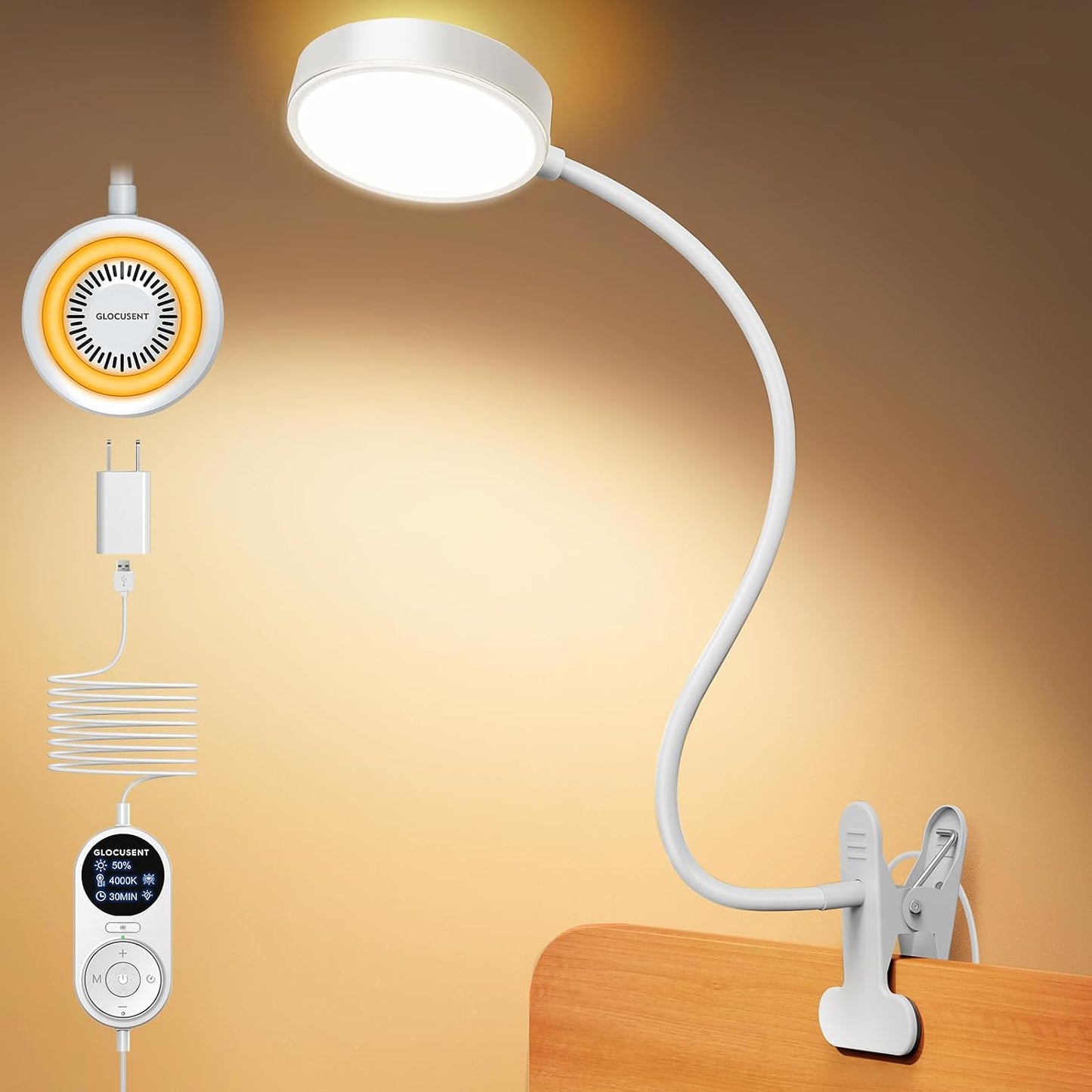 Glocusent 72 LED Desk Lamp, Bed Lamp with Amber Ring& Amber Mode | 3 Colors & 5 Brightness, 2.75" Clamp & 30Min Timer, USB Powered with Remote, Clamp Light for Headboard/Dorm/Bunk/Work/Craft