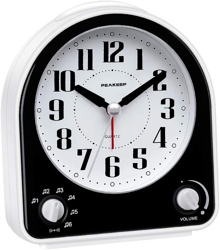 Peakeep Analog Alarm Clock Non-Ticking Silent, 7 Wake-up Sounds | with Volume Control, Nightlight and Snooze, AA Battery Operated (Black)