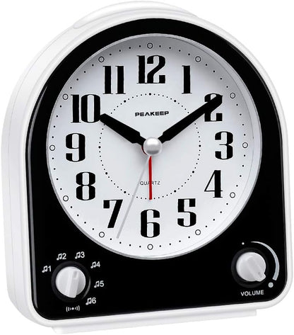 Peakeep Analog Alarm Clock Non-Ticking Silent, 7 Wake-up Sounds | with Volume Control, Nightlight and Snooze, AA Battery Operated (Black)
