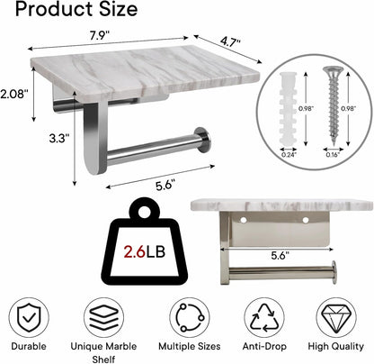 Toilet Paper Holder with Natural Marble Shelf for Bathroom Washroom,Wall Mounted Tissue Holder Suitable for Mega Roll (Brushed Nickel,Small 6.7 * 4.3 in)