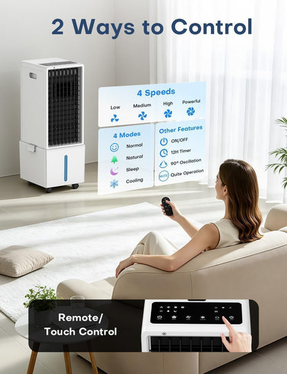 Portable Air Conditioners 4 Modes&3 Speeds,4 Ice Packs, Waterless Alert System, 12H Timer, Remote,1 Gal Detachable Water Tank, 70°Oscillation Windowless Evaporative Air Cooler for Room Office
