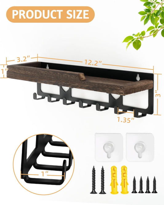 lucdnc Key Holder for Wall Mounted with Tray, 7 Hooks & Wood Shelf | Decorative Entryway Organizer for Mail, Keys, Sunglasses, Wall Mounted, Home Office