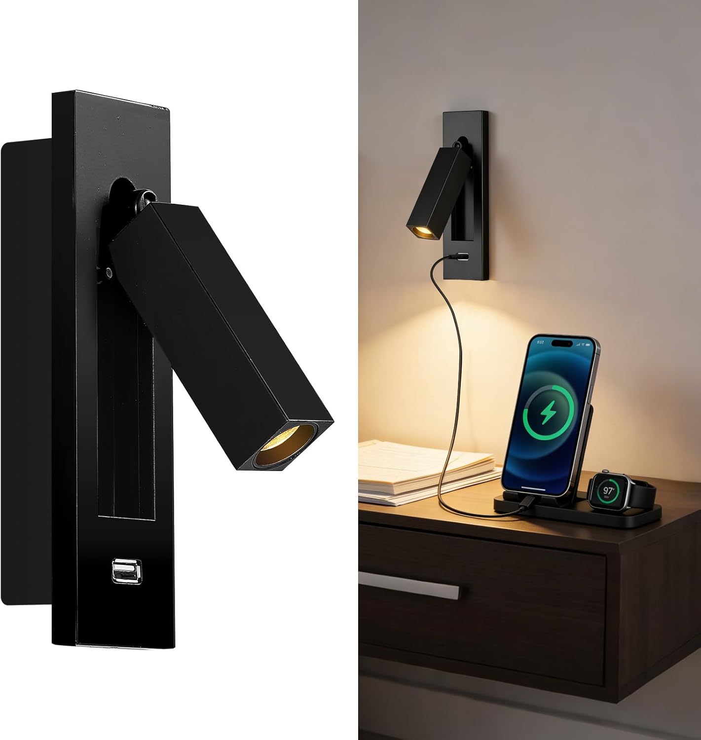 Wall Mounted Reading Light with USB, LED Bedside Reading Light with Switch, Adjustable Recessed Headboard Reading Lights Wall Sconce for Reading, Hardwired Reading Spotlight for Bedroom (Black)
