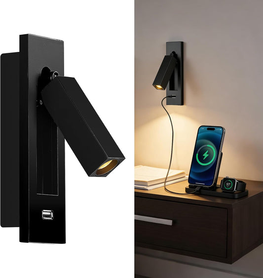 Wall Mounted Reading Light with USB, LED Bedside Reading Light with Switch, Adjustable Recessed Headboard Reading Lights Wall Sconce for Reading, Hardwired Reading Spotlight for Bedroom (Black)