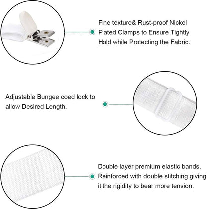 Adjustable Bed Sheet Straps Clips, Elastic Mattress Sheet Fasteners Holder and Suspenders, Grippers to Hold Sheet, Mattress, Sofa, Couch, Table Cloth, Ironing Board Cover, Black
