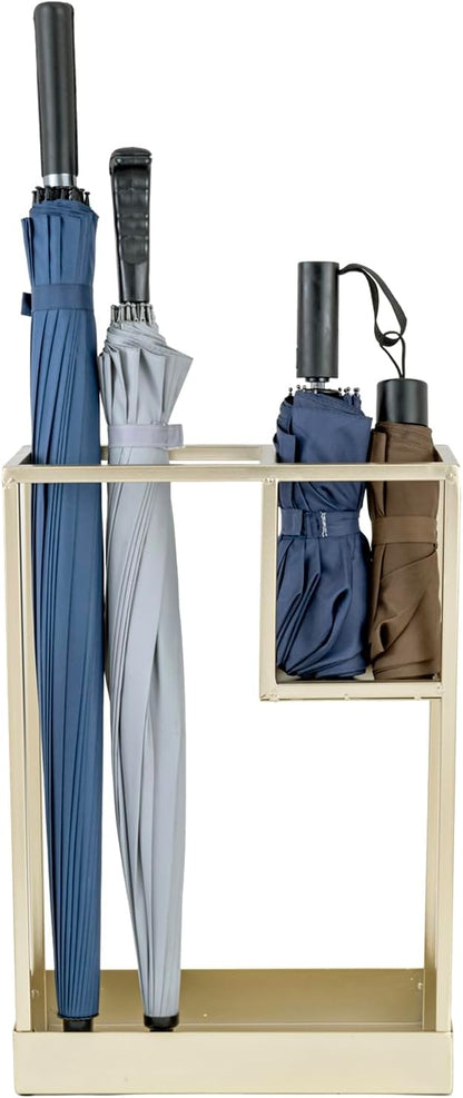 MyGift 20 Inch Brass Tone Metal Umbrella Stand with Drip Tray | Freestanding Rain Gear Storage - Long Short Umbrellas Canes Walking Sticks Entryway Lobby Office Floor Standing Drip Catcher