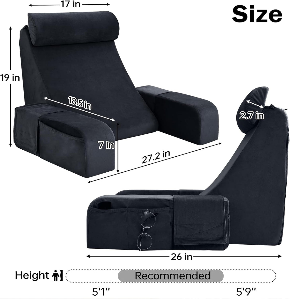 ENITYA 21" Reading Pillow for Bed with Firm Back Support & Big Pockets