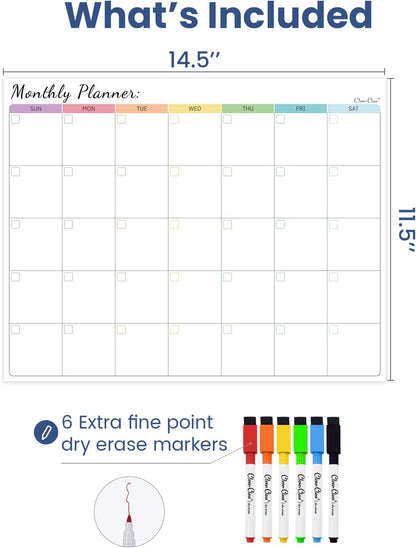 Non-Magnetic Dry Erase Calendar Set for Fridge - Reusable Monthly and Weekly Calendar Sticks to Most Smooth Surfaces - 6 Dry Erase Markers Included - Shipped Flat