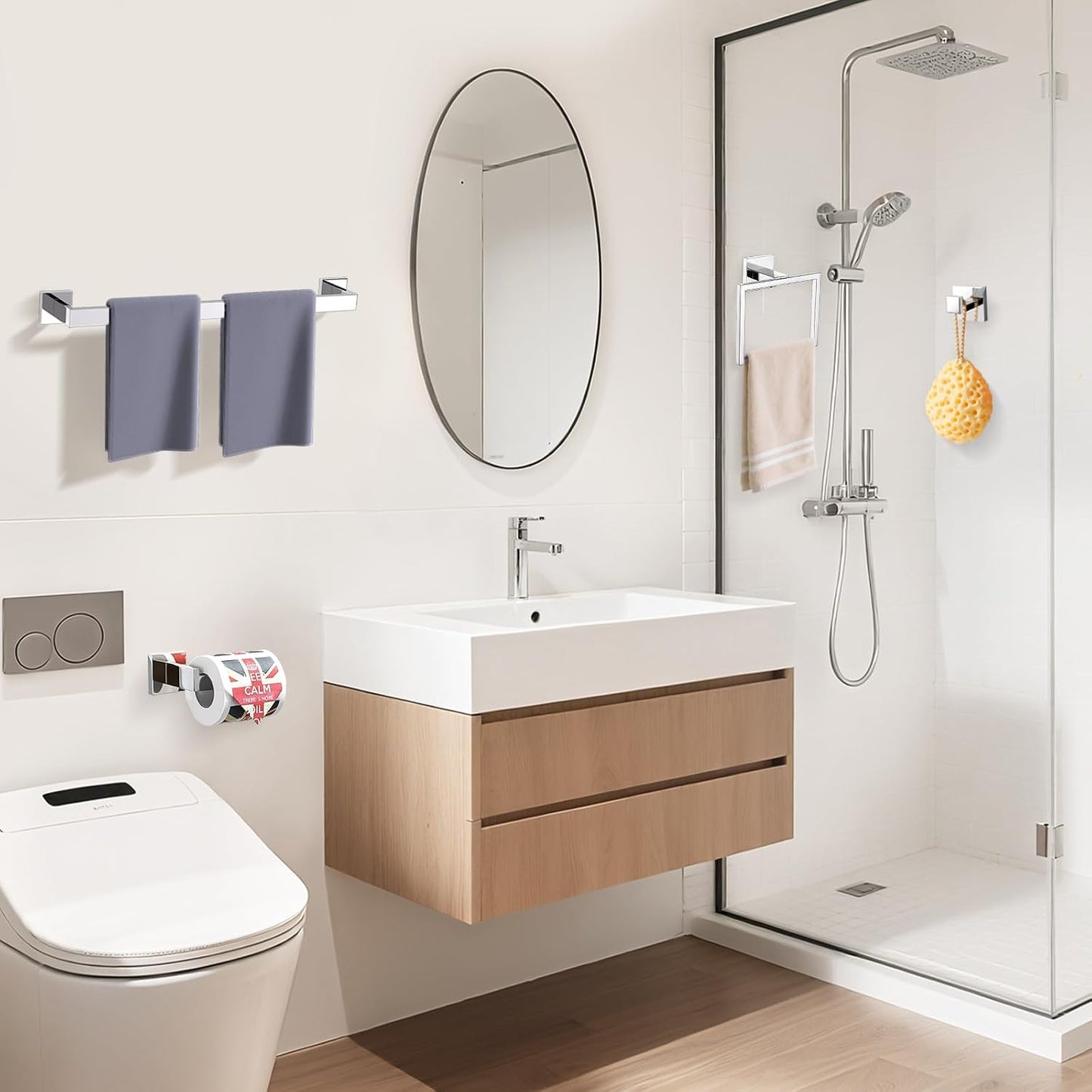 TURS Bathroom Hardware Set Black 4-Piece Towel Bar Set Include 24 Inch Towel Bar Hand Towel Holder Towel Hook Toilet Paper Holder with Shelf Wall Mounted Stainless Steel Bathroom Accessories Set