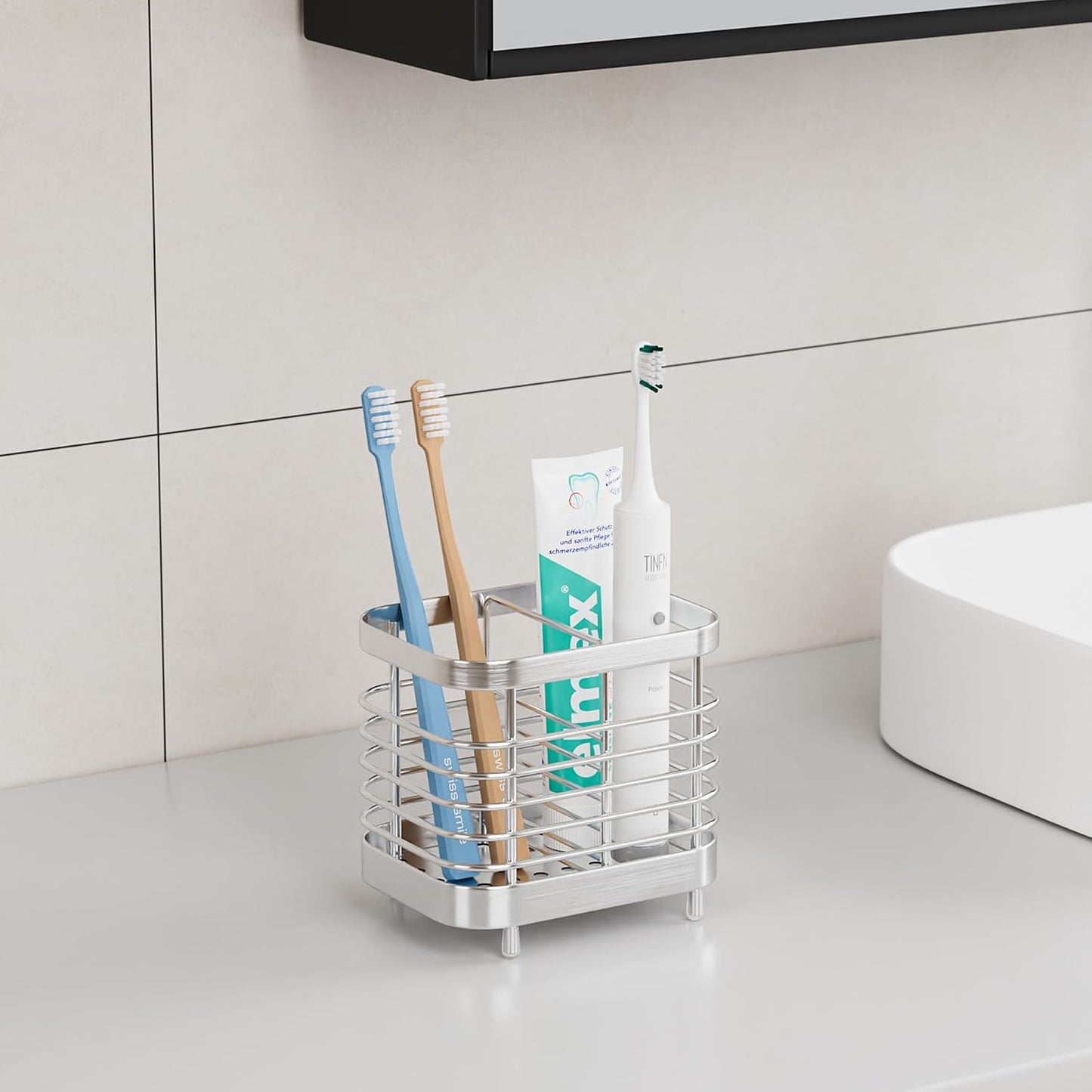 Stainless Steel Electric Toothbrush Holder for Bathroom with Drainage | Anti-Slip Countertop Tooth Brush Holder Caddy Stand, Toothbrush and Toothpaste Organizer, Black Bathroom Accessories Decor