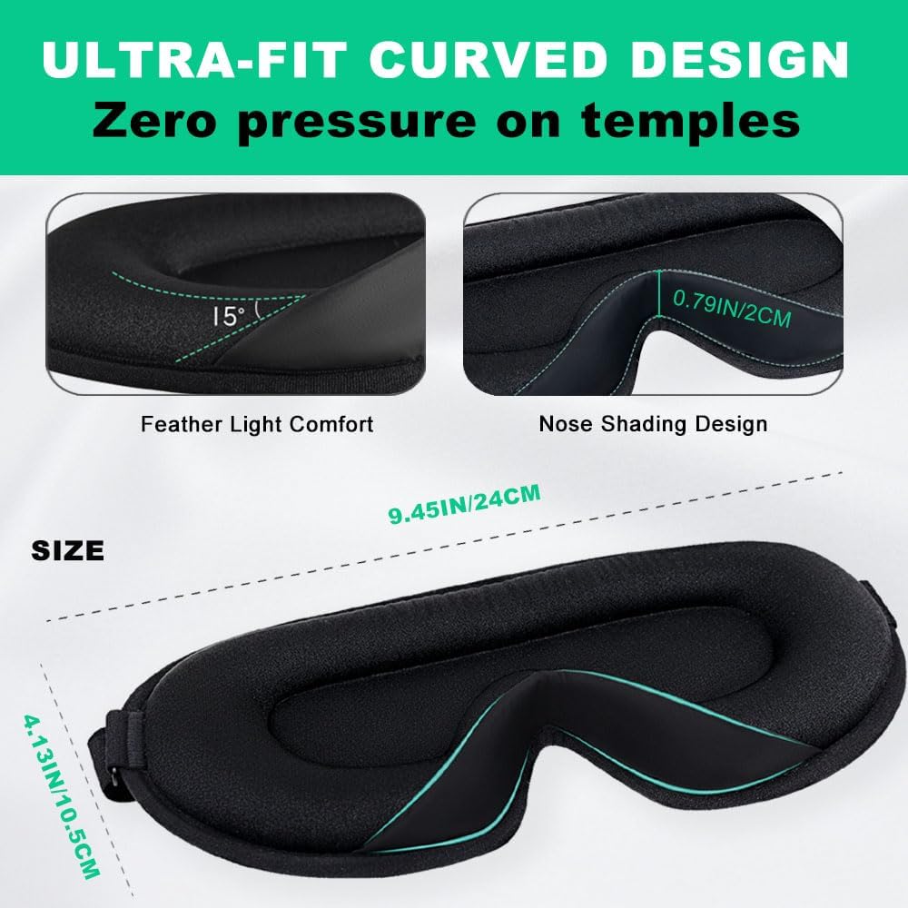 3D Sleep Mask for Side Sleepers, Blackout & Zero Pressure - Breathable Memory Foam, Adjustable Strap - for Travel, Yoga & Meditation Black