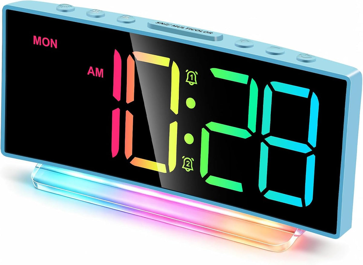 Cadmos Digital Alarm Clock - Extra Loud for Heavy Sleepers Adults Teens Kids, Rainbow Bedside Clock for Bedrooms, Large Display, 7 Color Night Light, Weekday & Weekend, 12/24h (Black+Dynamic)