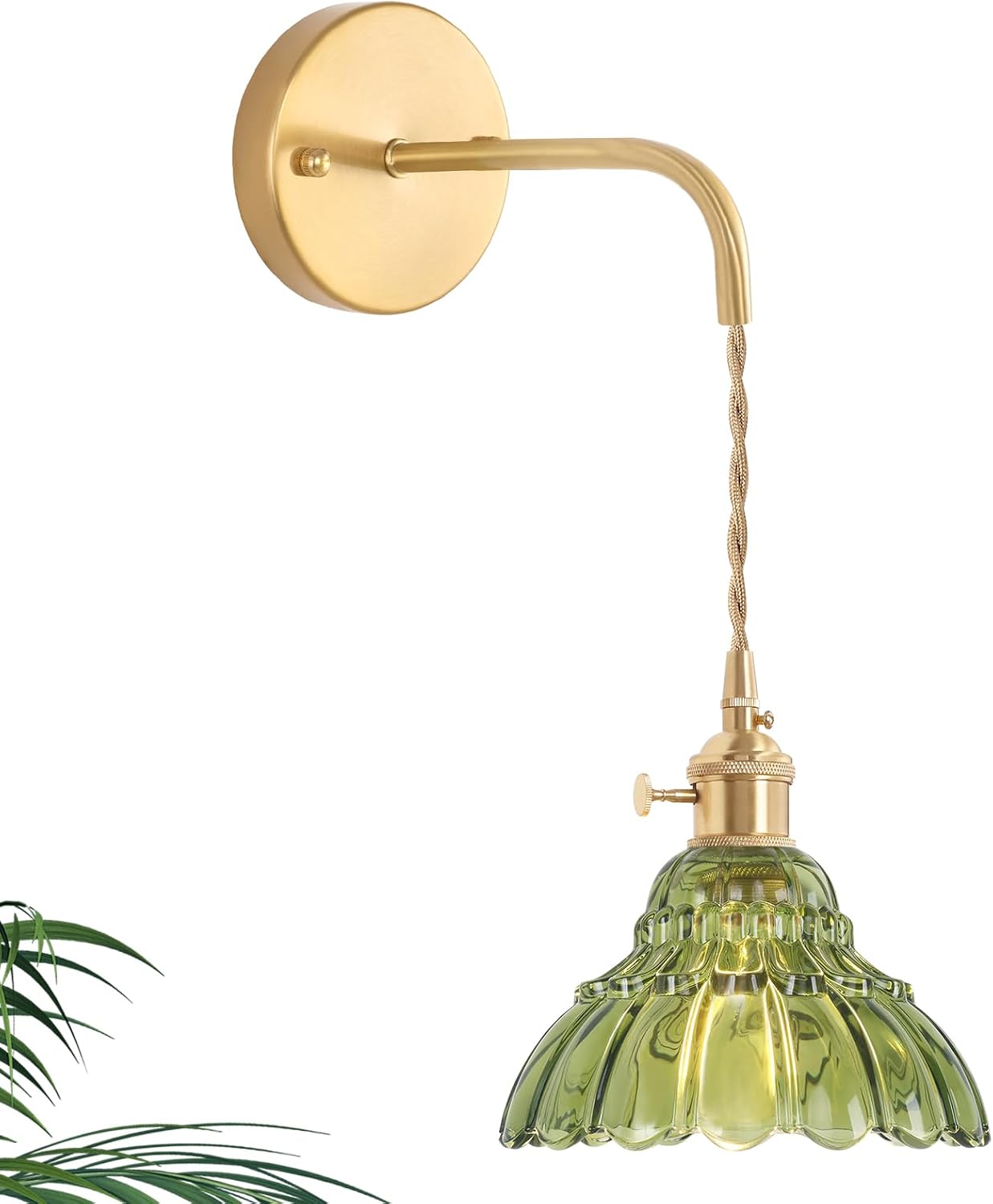 Shenmoyl Battery Operated Wall Sconce Wall Lamp with Green Lily of the Valley Shade Pattern Glass Adjustable Chain Retro Gold Wall Mounted Light, Modern Wall Lamp Fixtures Decor for Bedside Bedroom