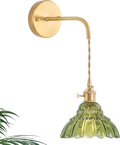 Shenmoyl Battery Operated Wall Sconce Wall Lamp with Green Lily of the Valley Shade Pattern Glass Adjustable Chain Retro Gold Wall Mounted Light, Modern Wall Lamp Fixtures Decor for Bedside Bedroom