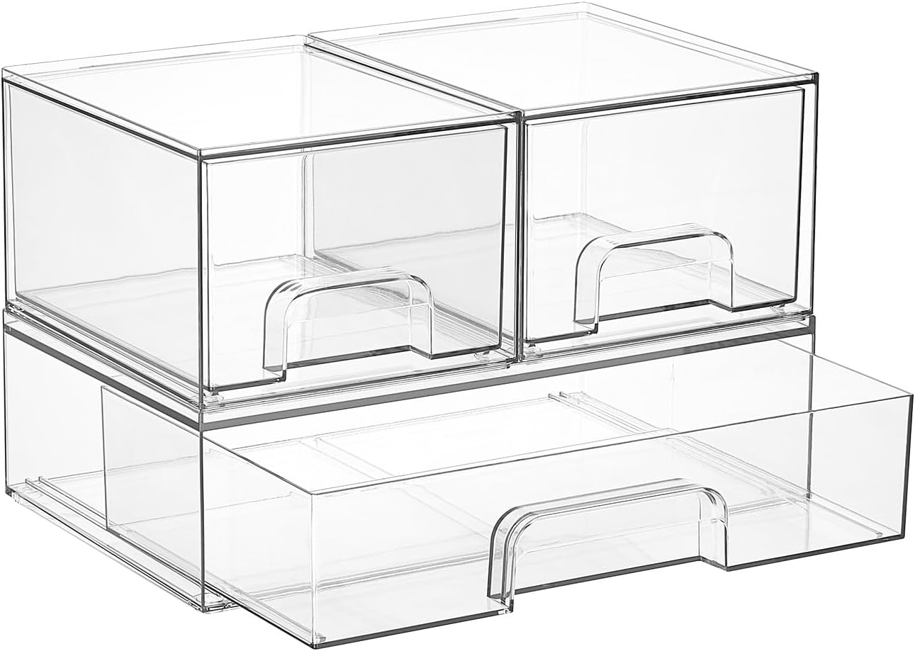 Vtopmart Clear Stackable Storage Drawers Set of 6, Plastic Organizer Bins | Multi-purpose Boxes for Bathroom Accessories Storage, Ideal for Cabinet, Shelf, Pantry, Laundry Room Organization