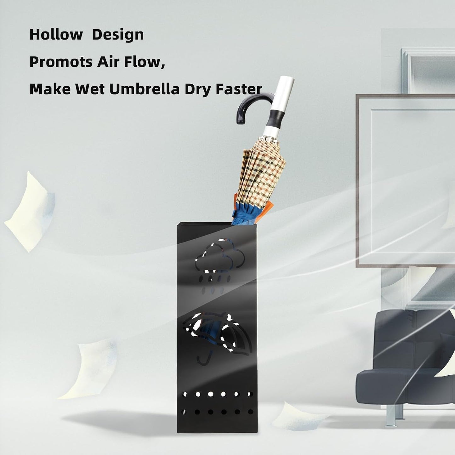 BEWBBAT Umbrella Stand Rack for Entryway, Black Square Metal Umbrella Holder, Free Standing Umbrella Storage Organizer Bin with for Home Office Hotel Decor, 6 x 6 x 17 Inch, Hold 6 Umbrellas